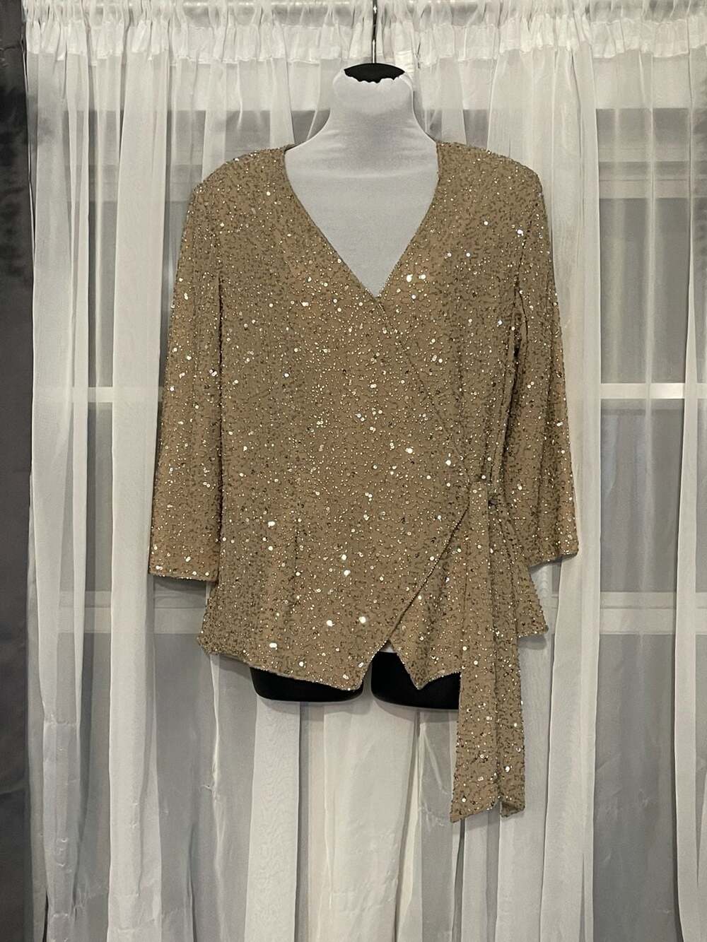 VTG Chadwick's Champagne Gold Sequin Beaded Wrap Tie Top Blouse 14P